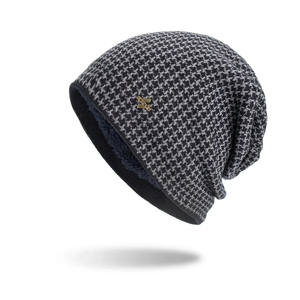 Houndstooth Knit Beanie For Women Men Winter Warm Fleece Lined Skull Cap With Metal Badge Jacquard Outdoor Cold Weather Hat