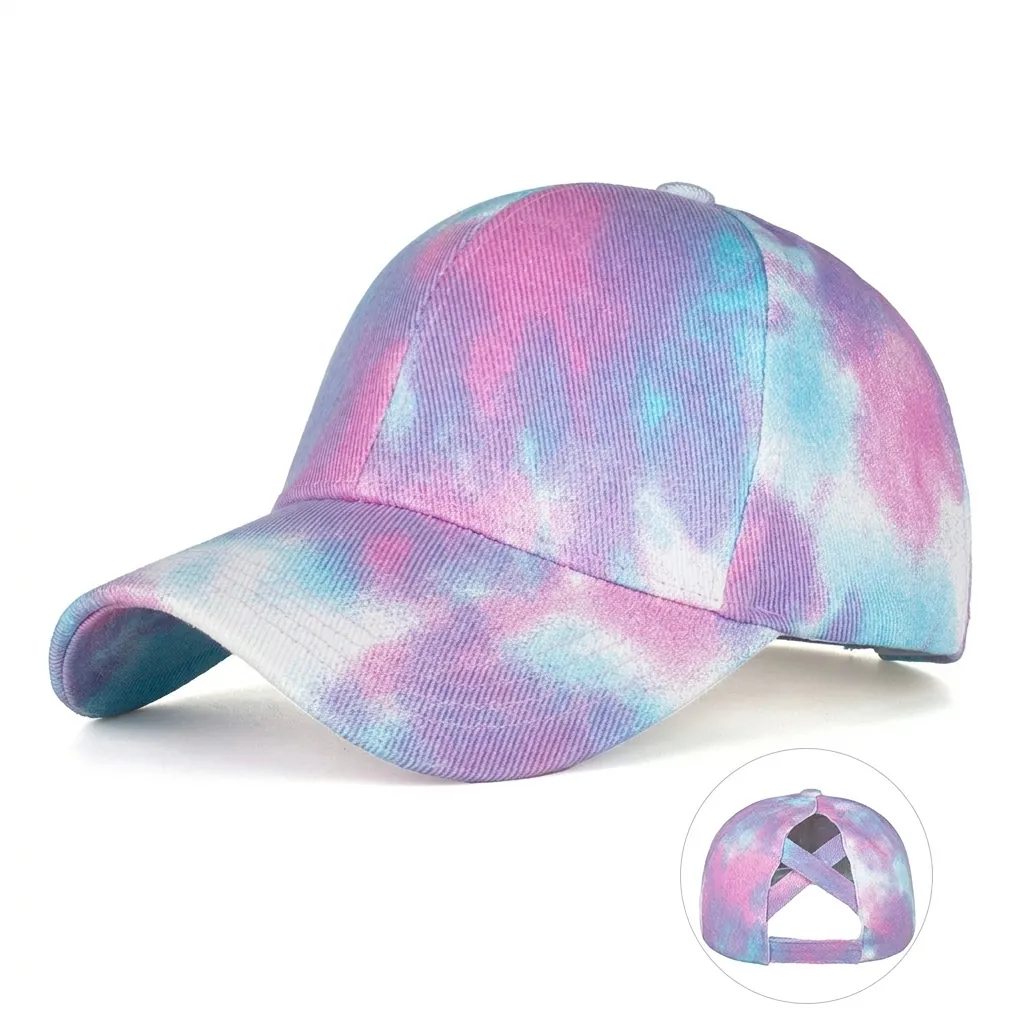 Women Tie Dye Ponytail Baseball Cap Cotton Criss Cross High Messy Bun Sun Hat Distressed Outdoor Casual Sport Trucker Hat