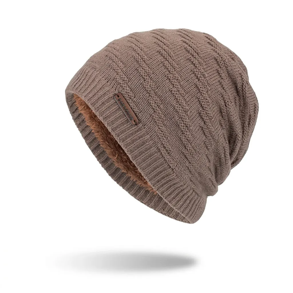 Homme Hiver Chaud Doublé Polaire Bonnet en Maille Épais Extérieur Thermal Skull Cap Avec Patch en Cuir Motif Géométrique