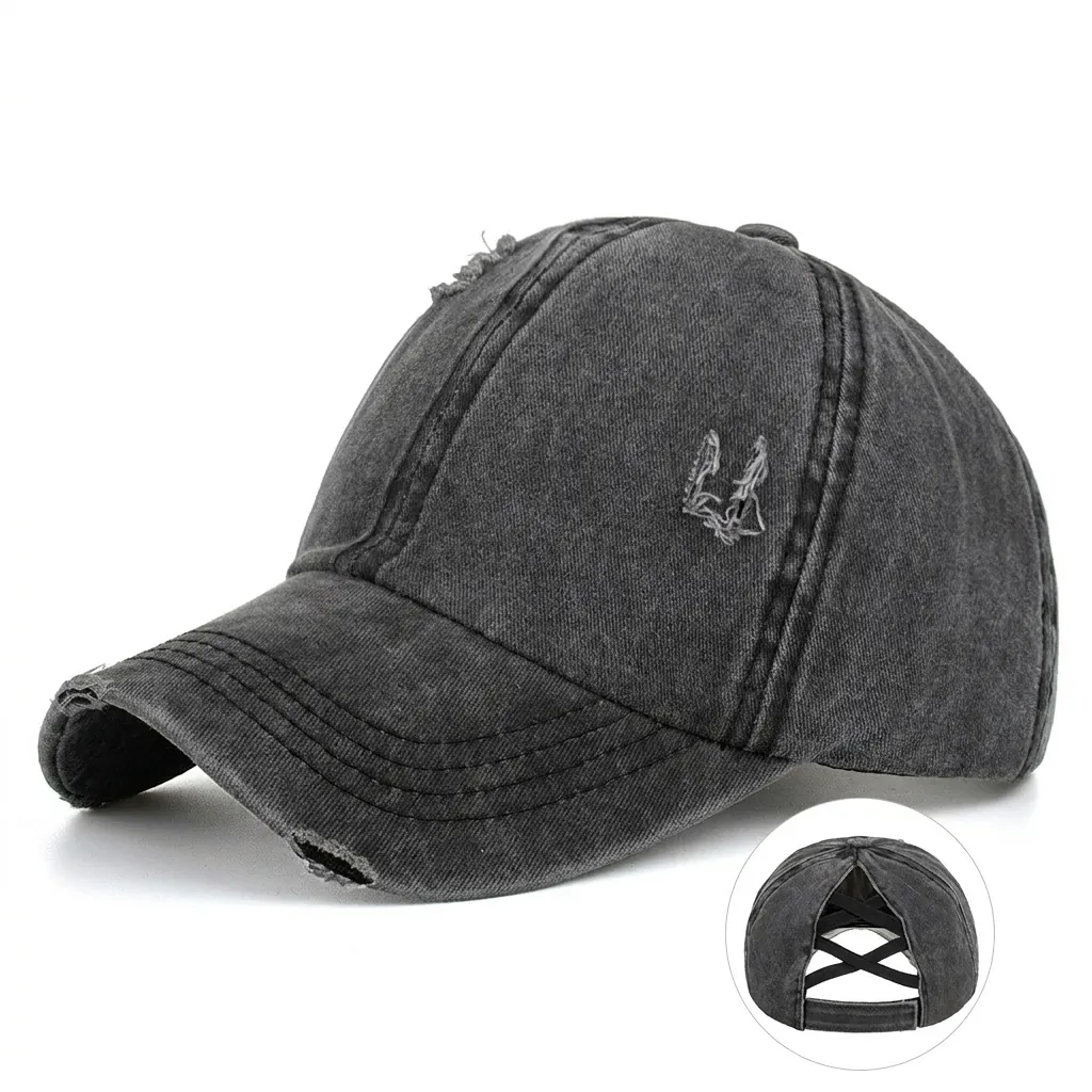 Distressed Washed Baseball Cap With Ponytail Hole Criss Cross Elastic Back Plain Vintage Sun Hat For Women Men Fashion Accessory