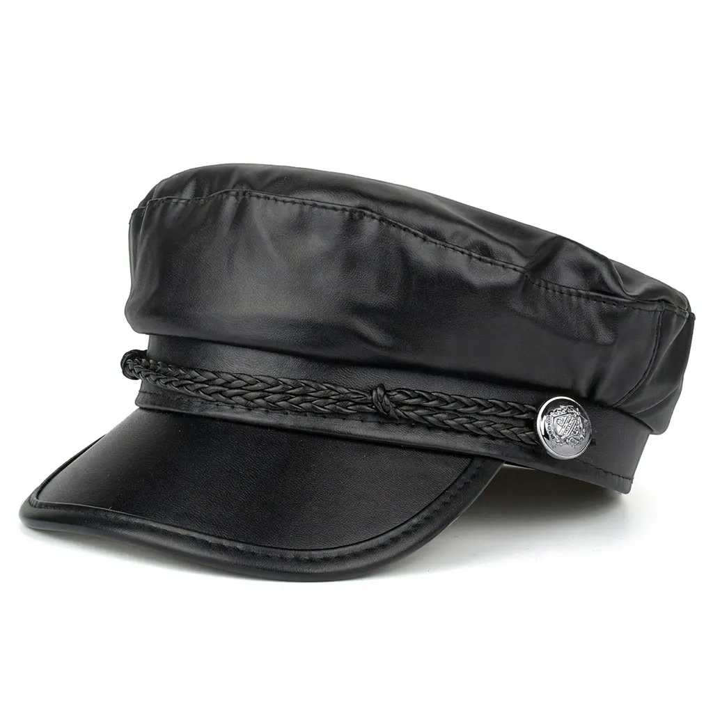 Women Vintage Black PU Leather Beret Hat Military Sailor Flat Top Cap Braided Rope Metal Button Autumn Winter Fashion Headwear