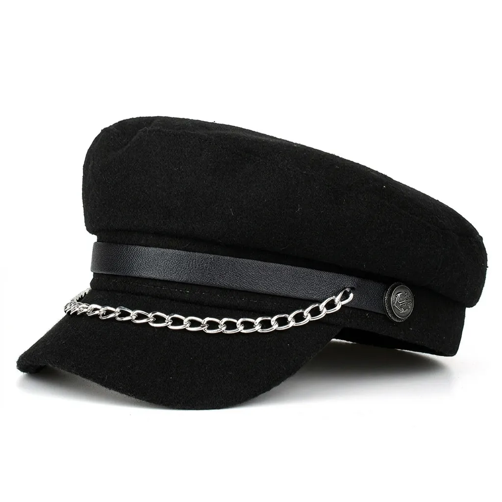 Vintage Women Newsboy Cap Black Cotton Polyester Baker Boy Hat With Silver Metal Chain Belt Winter Autumn Fashion Accessory