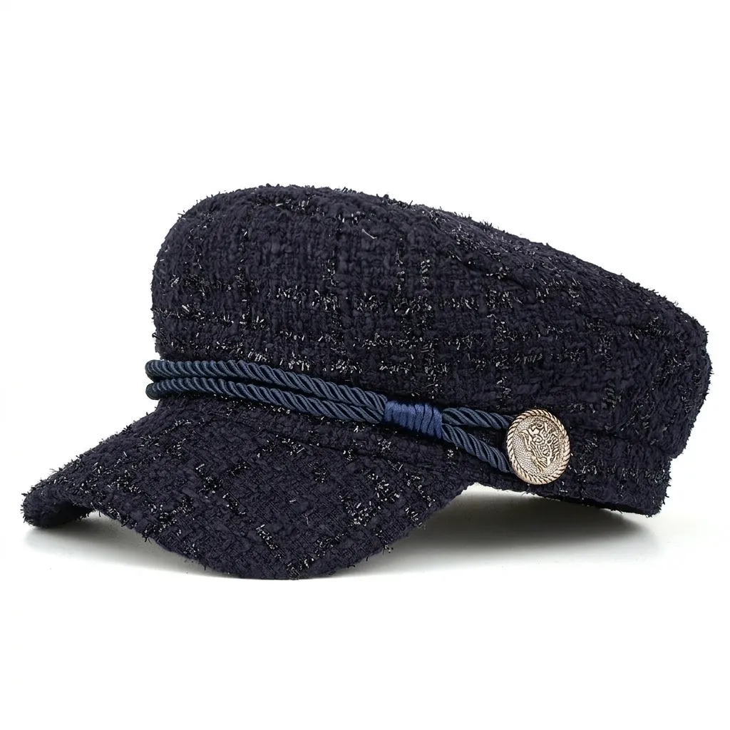 Women Elegant Tweed Beret Cap Newsboy Hat With Braided Rope Gold Button Retro Plaid Baker Boy Cap For Autumn Winter
