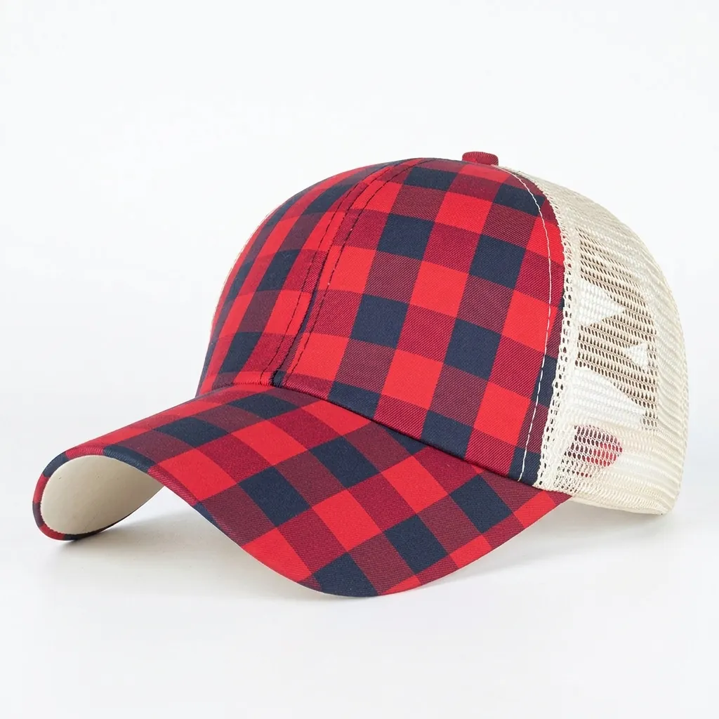 Women Plaid Mesh Ponytail Baseball Cap Criss Cross Elastic Back Trucker Hat Sun Shade Outdoor Casual Sun Hat