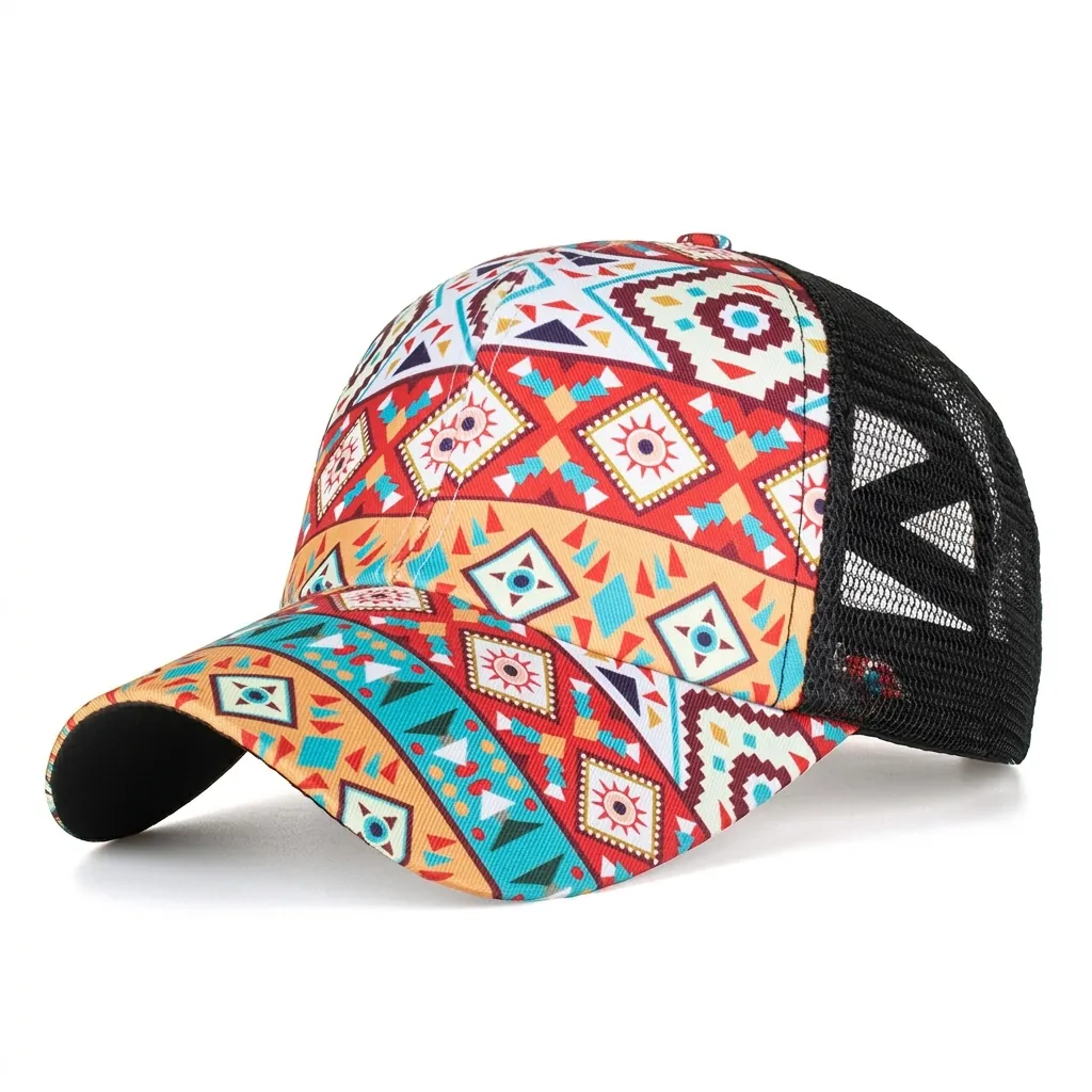 Women Cotton Bohemian Geometric Print Ponytail Baseball Cap Mesh Trucker Hat Breathable Adjustable Sun Visor Sport Hat