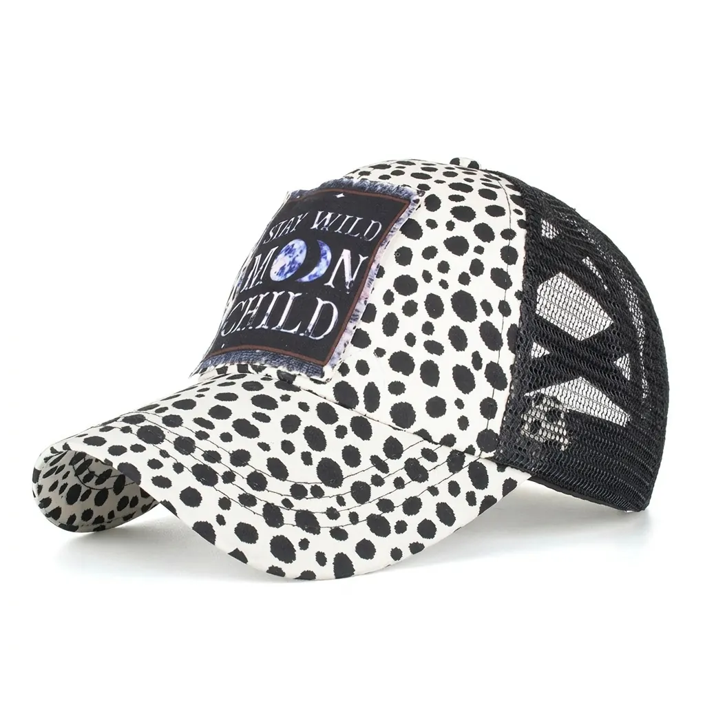 Women Ponytail Trucker Hat Mesh Breathable Cotton Blend Polka Dot Patch Baseball Cap Summer Sun Protection Outdoor Hat