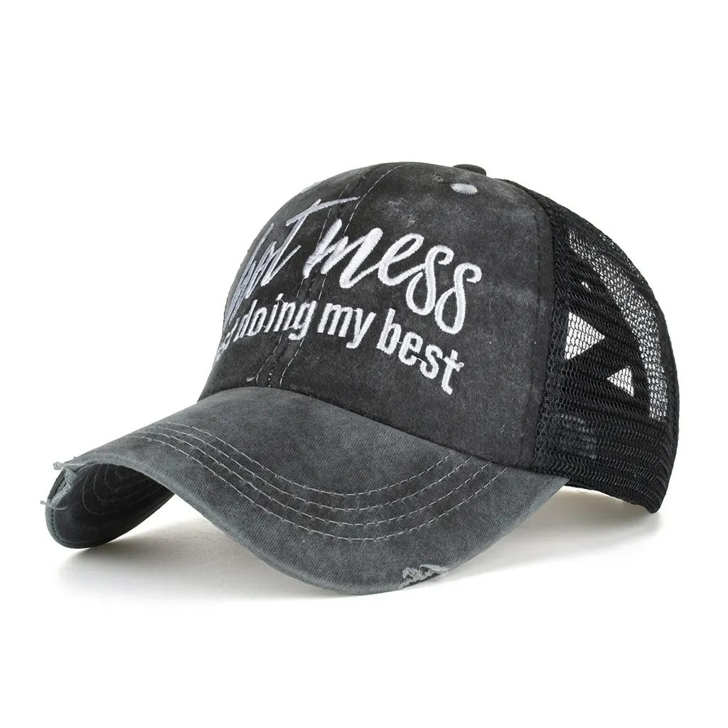 Women Distressed Mesh Ponytail Baseball Cap Hot Mess Embroidered Washed Cotton Trucker Hat Criss Cross High Bun Sun Visor