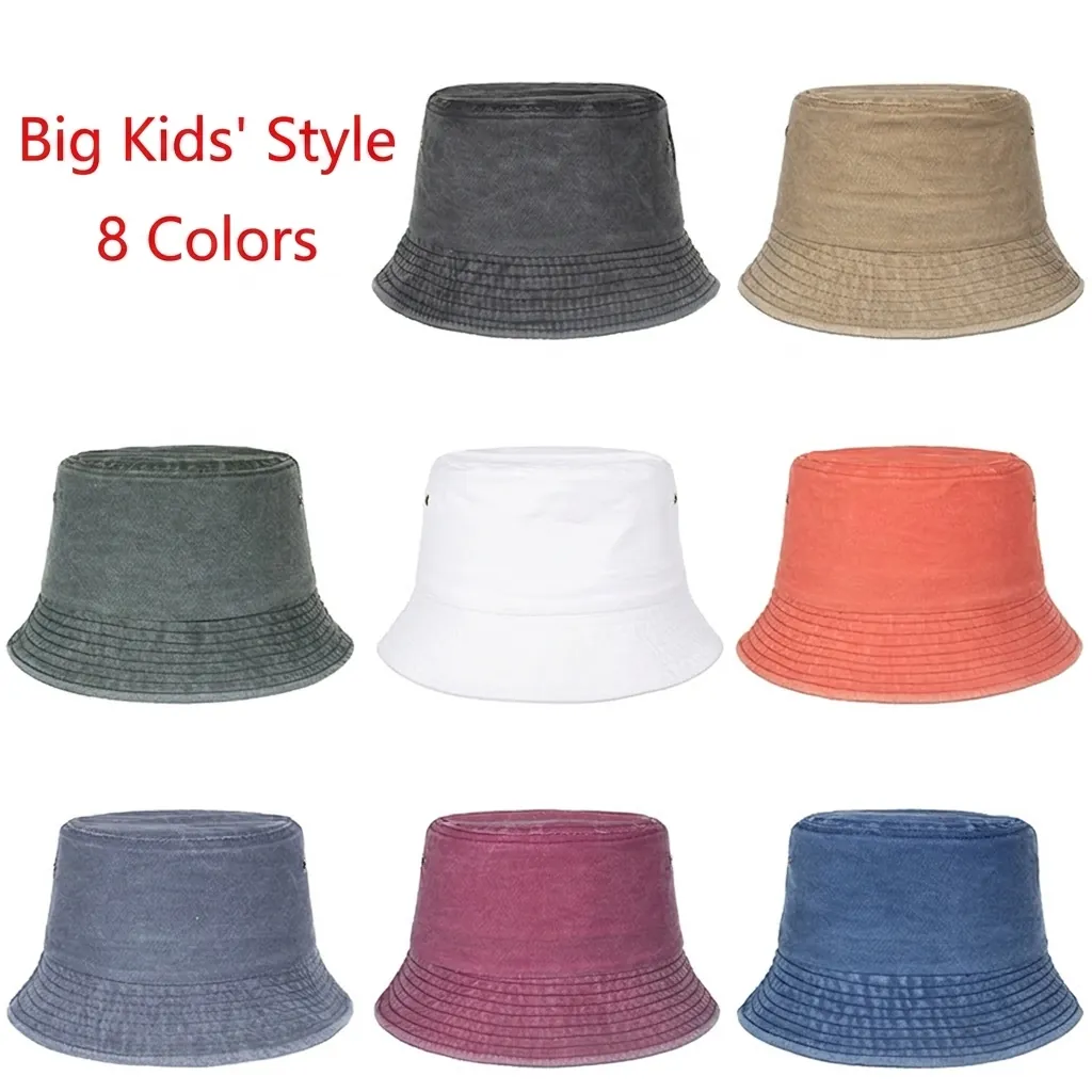 Kids Washed Cotton Bucket Hat Retro Sun Protection Fisherman Hat With Large Brim Metal Eyelets Plain Color Casual Cap
