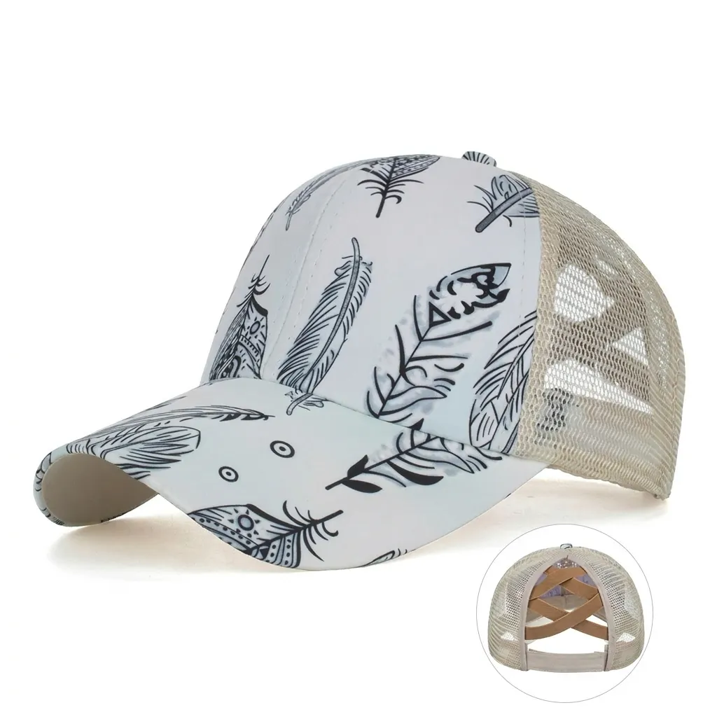 Women Feather Print Mesh Ponytail Baseball Cap Cross Elastic Back Breathable Sun Hat Adjustable Summer Outdoor Trucker Hat
