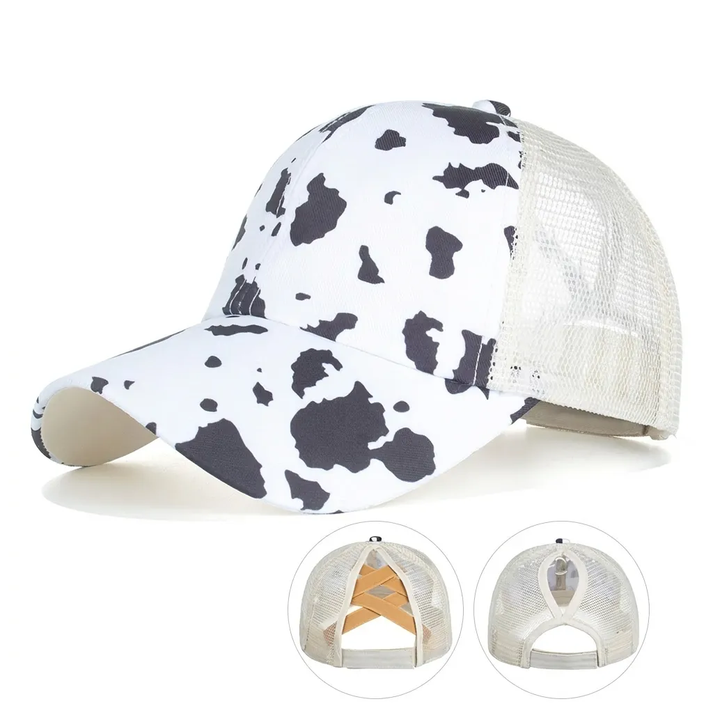 Women's Cow Print Ponytail Baseball Cap Criss Cross Elastic Back Trucker Hat Breathable Mesh Sun Protection Visor Hat