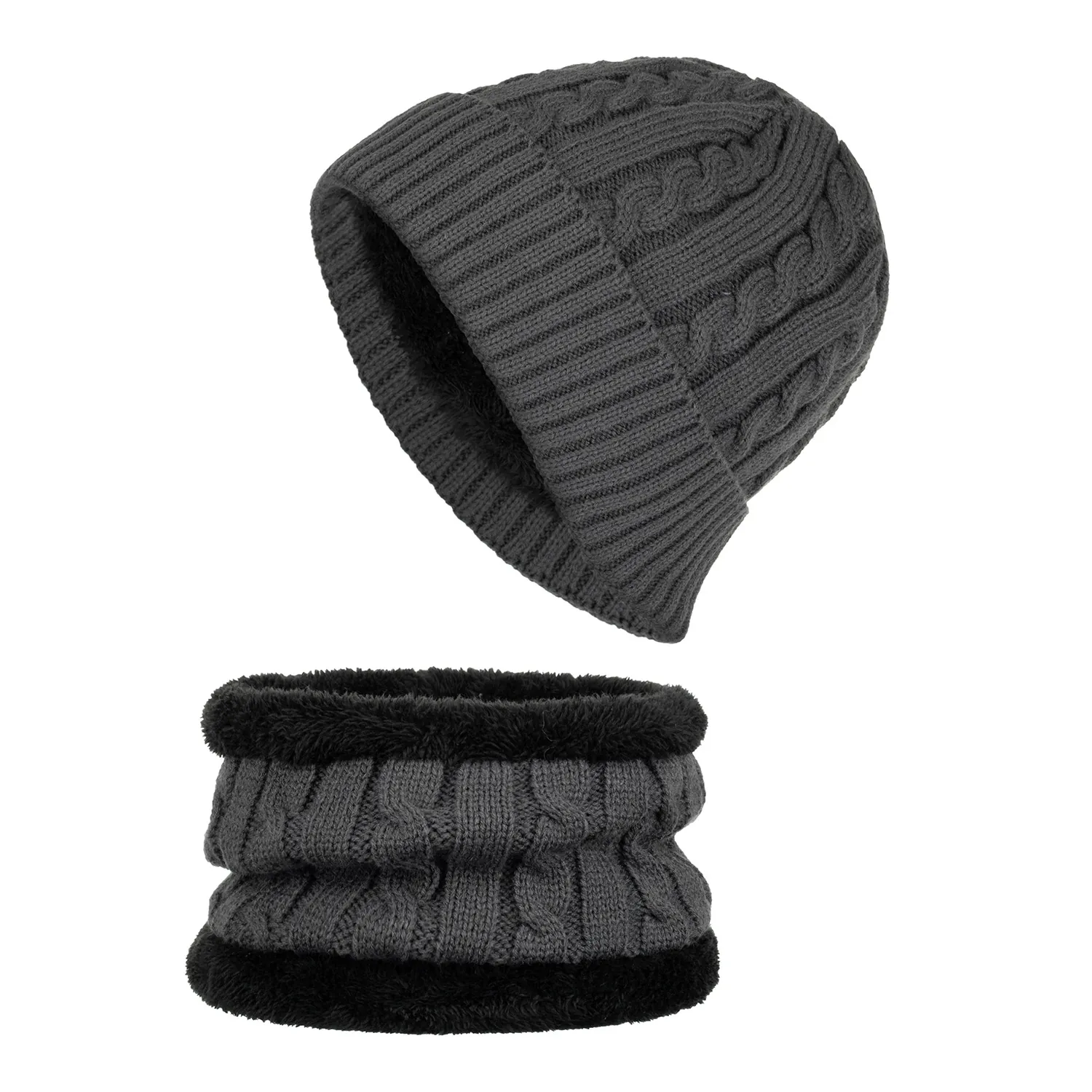Bonnet d'Hiver Cache-Col Combiné Tricot en Torsade Doublé Polaire Chaud Bonnet Acrylique Hommes Femmes Outdoor Protection