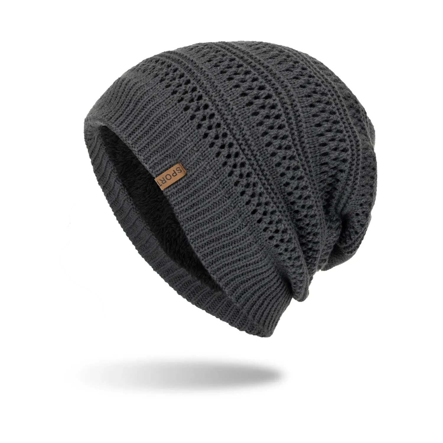 Men Winter Warm Knit Beanie Fleece Lined Thick Skull Cap Solid Color Hollow Out Design With Sport Leather Tag Outdoor Hat