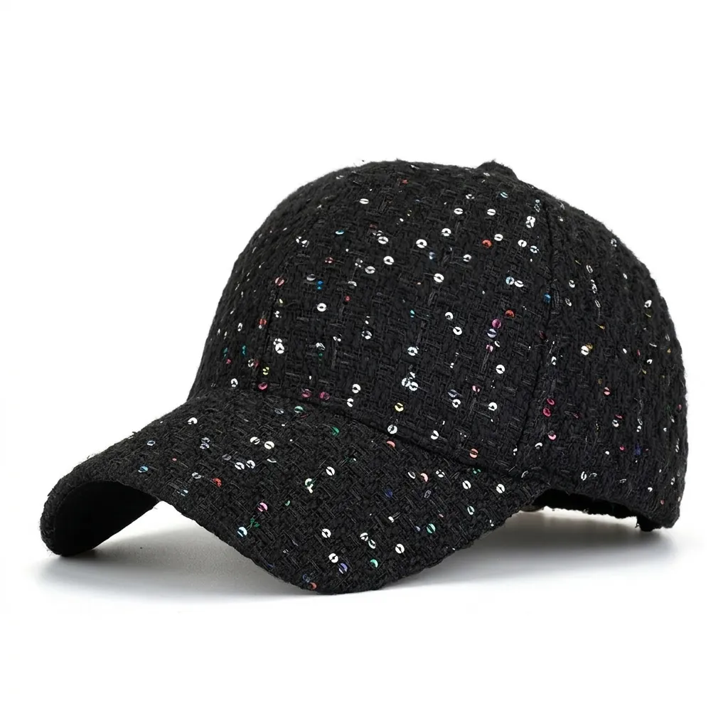 Women Sequined Tweed Baseball Cap Fashion Glitter Adjustable Sun Hat Outdoor Sparkly Elegant Casual Athletic Headwear