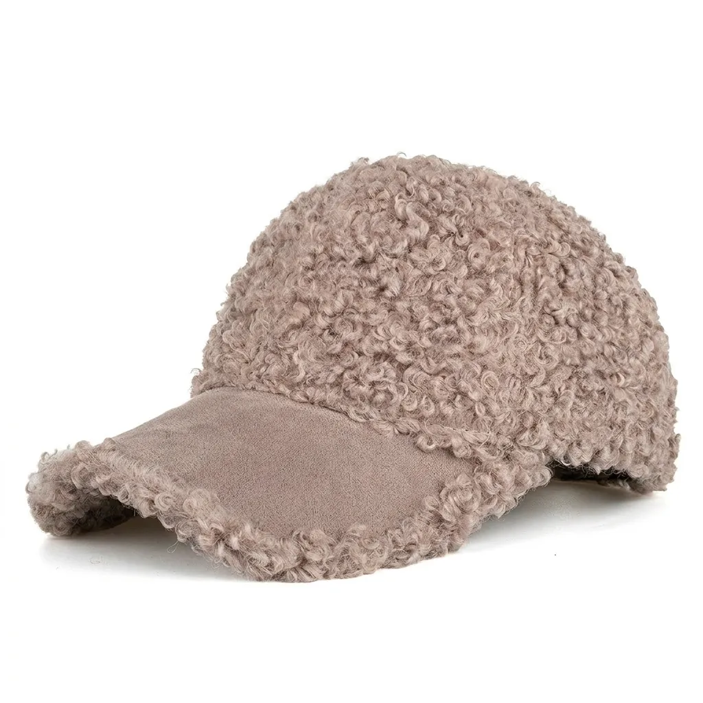 Casquette de Baseball en Laine d'Agneau Automne Hiver pour Femmes Chaud Faux Sherpa Épissage Bord Incurvé Couleur Unie Chapeau