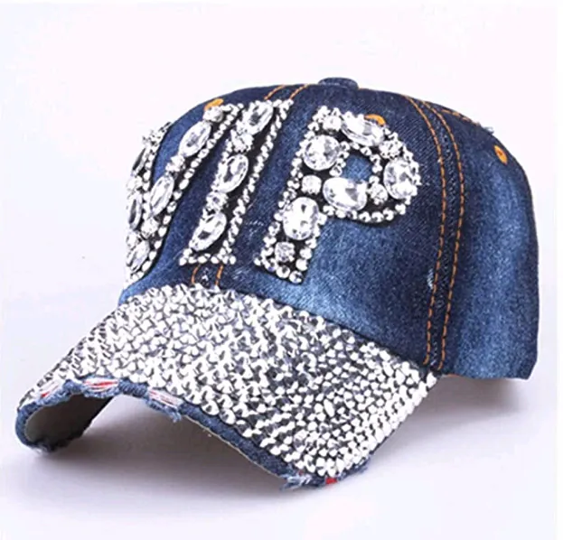 Berretto da Baseball in Nylon Stile Denim con Lettera VIP e Strass per Donna Distressed Bling Regolabile Streetwear Moda Cappello Sole Blu