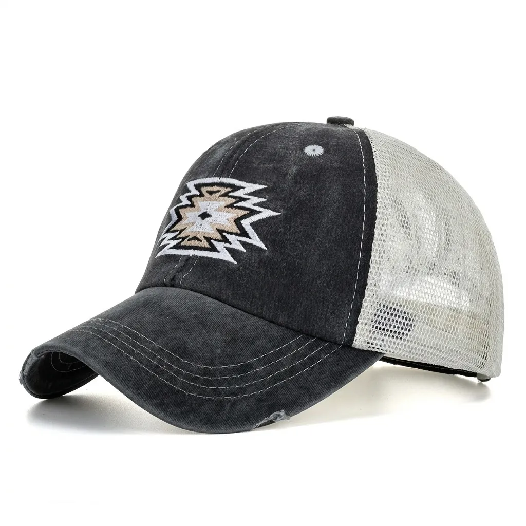 Women Ponytail Baseball Cap Distressed Washed Mesh Trucker Hat Geometric Embroidery Breathable Adjustable Summer Sun Hat