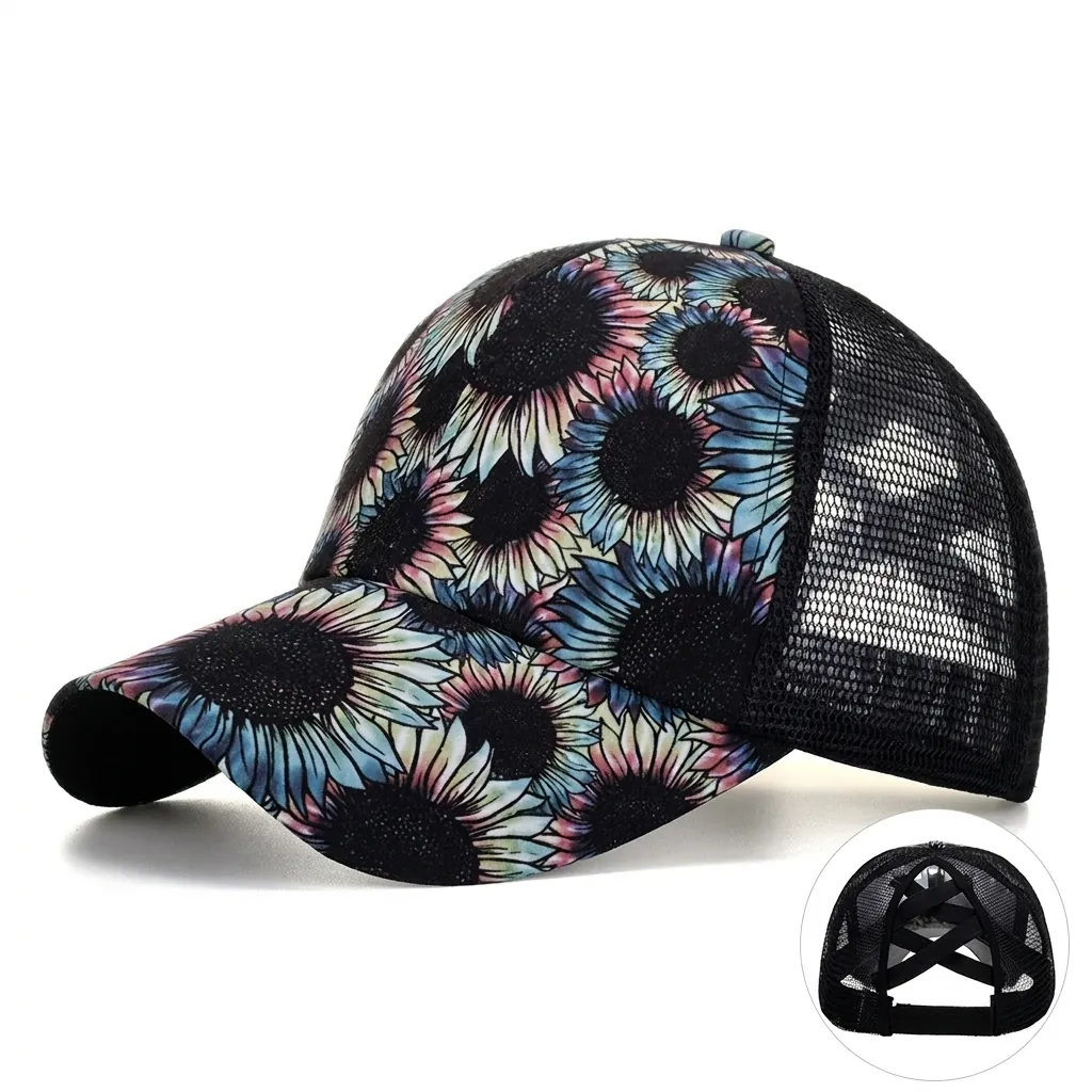 Sonnenblume Druck Mesh Baseballkappe Damen Criss Cross Pferdeschwanz Hut Atmungsaktiv Sonnenschutz Outdoor Casual Sport Kopfbedeckung