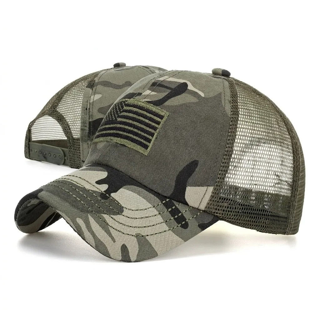Casquette de Baseball Camouflage Extérieur Femmes Écusson Drapeau USA Mesh Trucker Hat Respirant Réglable Chapeau Tactique