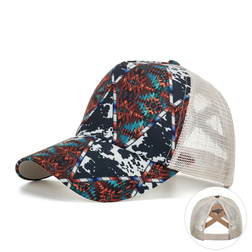 Women Ponytail Baseball Cap Mesh Trucker Hat Geometric Tribal Cow Print Criss Cross Elastic Back Adjustable Sun Hat Cotton