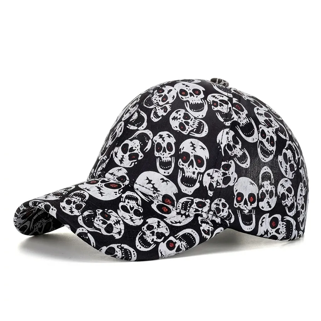 Nylon Baseball Cap For Men Women All Over Skull Print Snapback Hat With Red Eye Detail Streetwear Hip Hop Sun Protection Cap