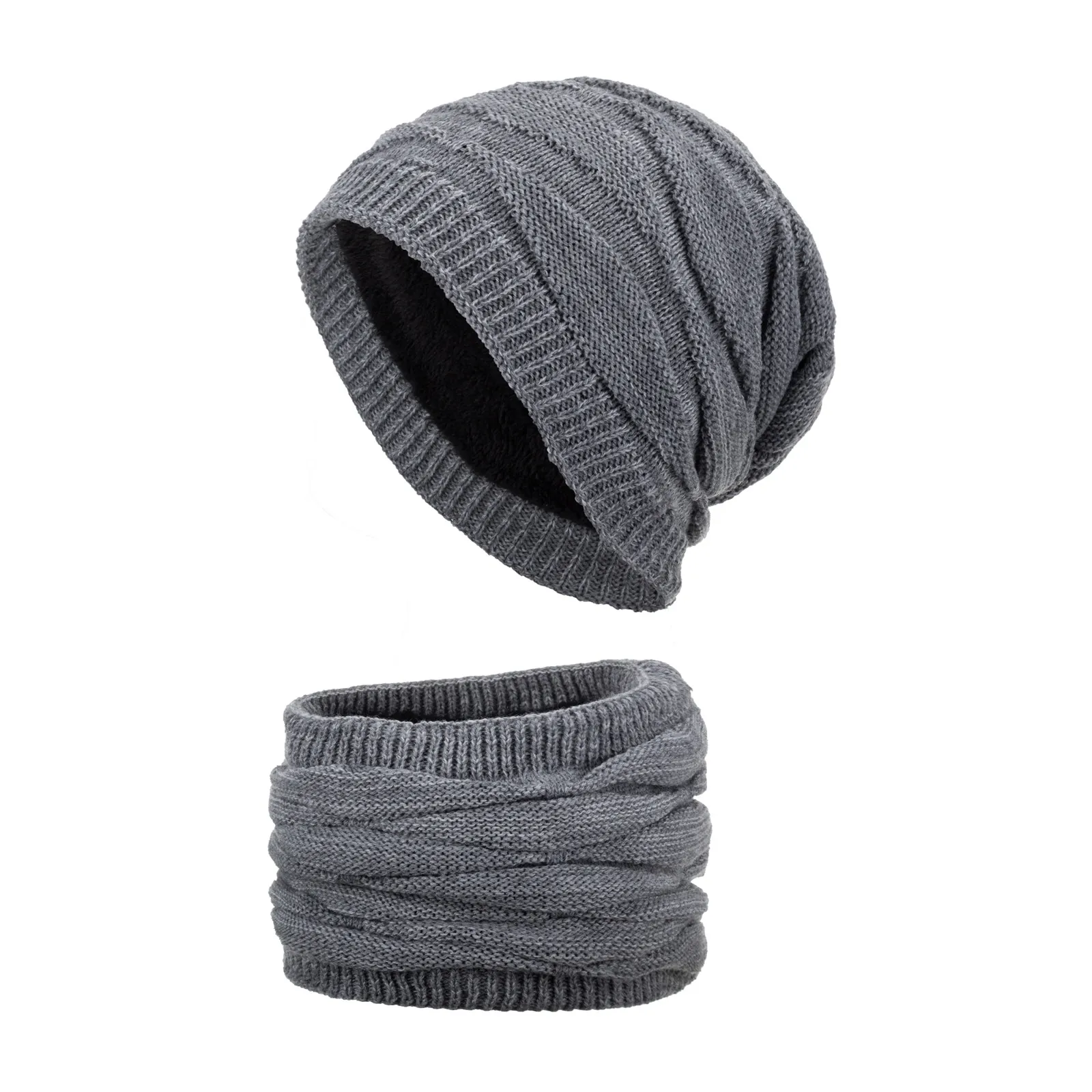 Winter Strickmütze Und Halswärmer Für Damen Herren Acryl Fleecegefüttert Warm Gerippt Wellenmuster Thermische Totenkopfkappe
