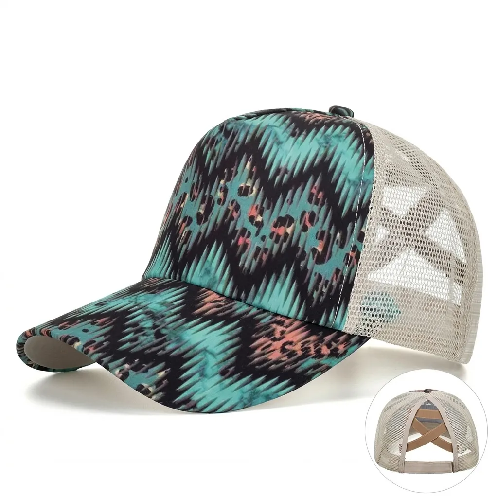 Cappellino da Baseball Donna Incrociato a Coda di Cavallo Alta in Rete Traspirante Trucker Hat Stampa Leopardo Onde Protezione Solare