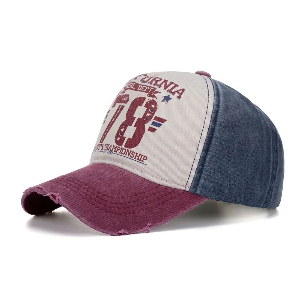 Vintage Washed Cotton Baseball Cap Distressed Ripped Brim California 78 Letter Print Adjustable Sport Sun Hat For Men Women