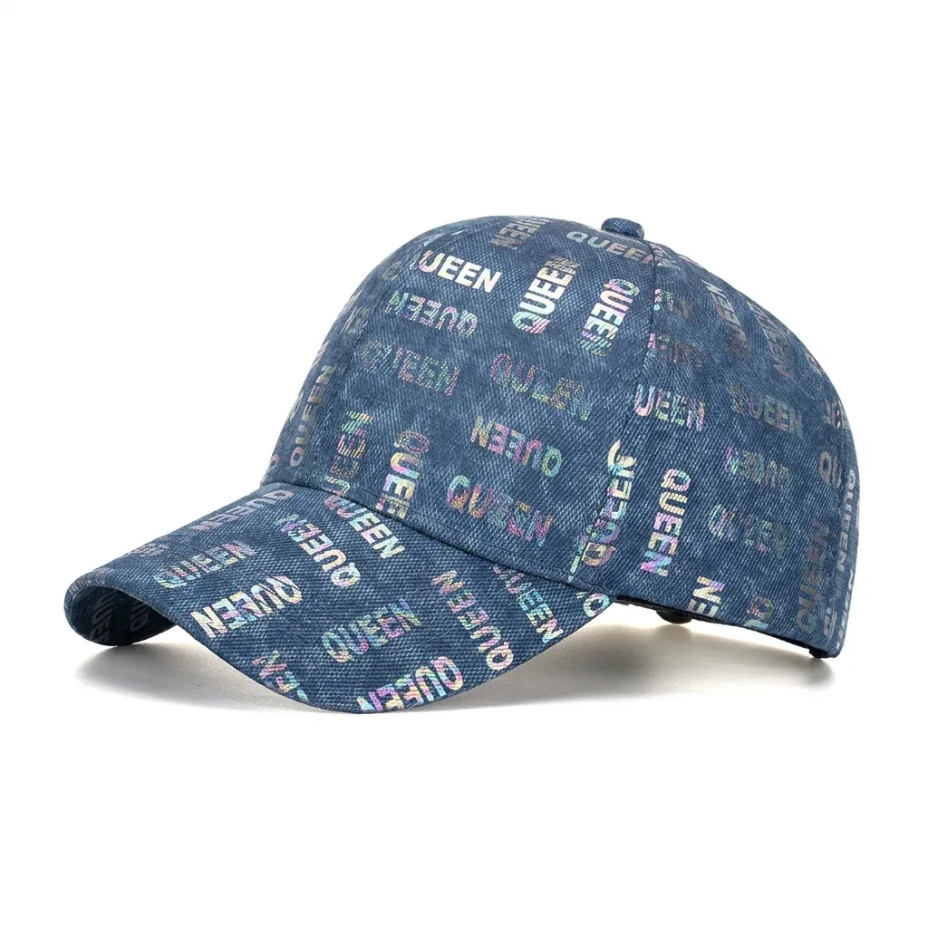 Casquette de Baseball Mode Femme avec Impression Lettres Queen Holographiques Aspect Denim Polyester Chapeau de Soleil Réglable pour Voyage Extérieur