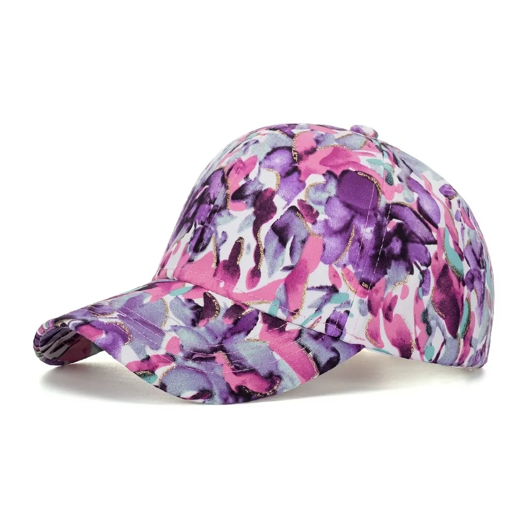 Women Floral Print Baseball Cap Adjustable Polyester Sun Hat With Gold Glitter Outline For Outdoor Travel Casual Fashion Hat