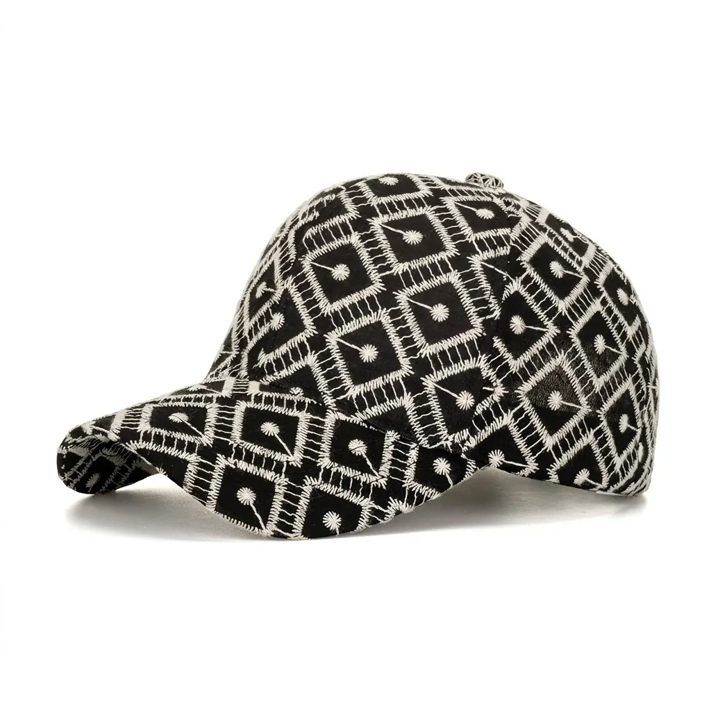 Casquette de Baseball Brodée Géométrique Noir Blanc Motif Carré Floral Chapeau de Soleil Extérieur Réglable pour Hommes Femmes