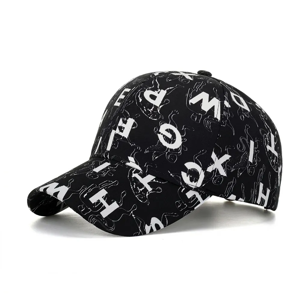 Polyester All Over Letter Print Baseball Cap Adjustable Outdoor Sun Protection Curved Brim Streetwear Snapback Hat Men Women