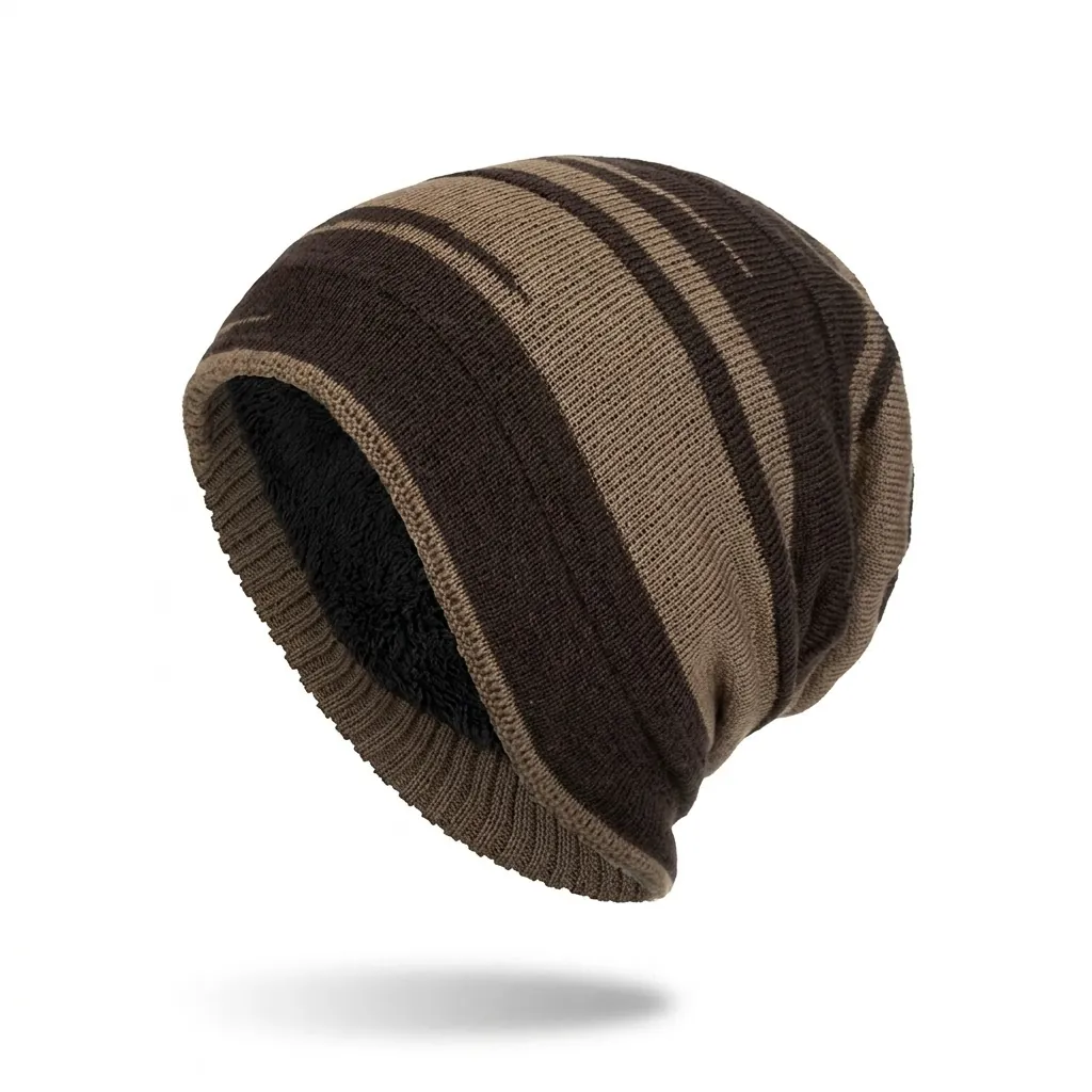 Winter Knitted Beanie Hat For Men Women Striped Fleece Lined Warm Slouchy Skull Cap Outdoor Thermal Headwear