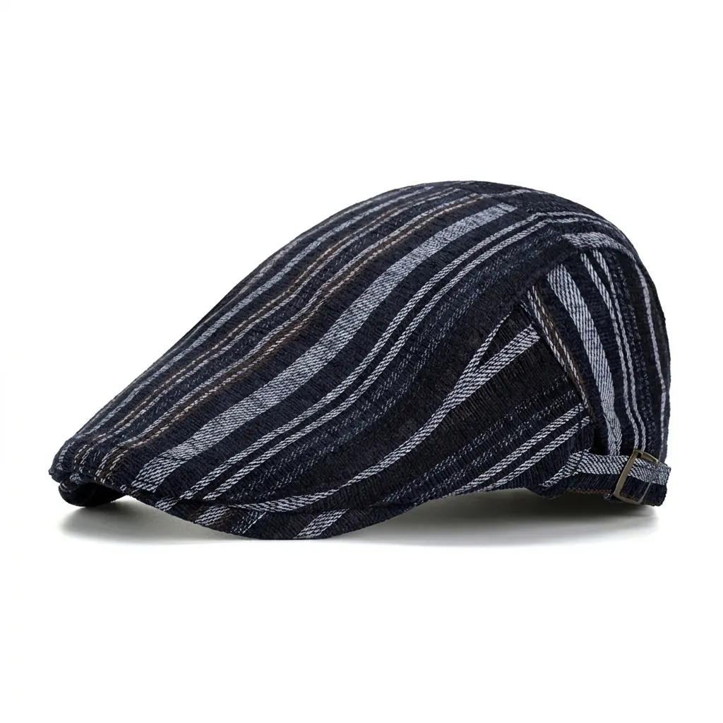 Retro British Style Striped Flat Cap For Men Winter Warm Cotton Blend Adjustable Ivy Gatsby Painter Forward Hat