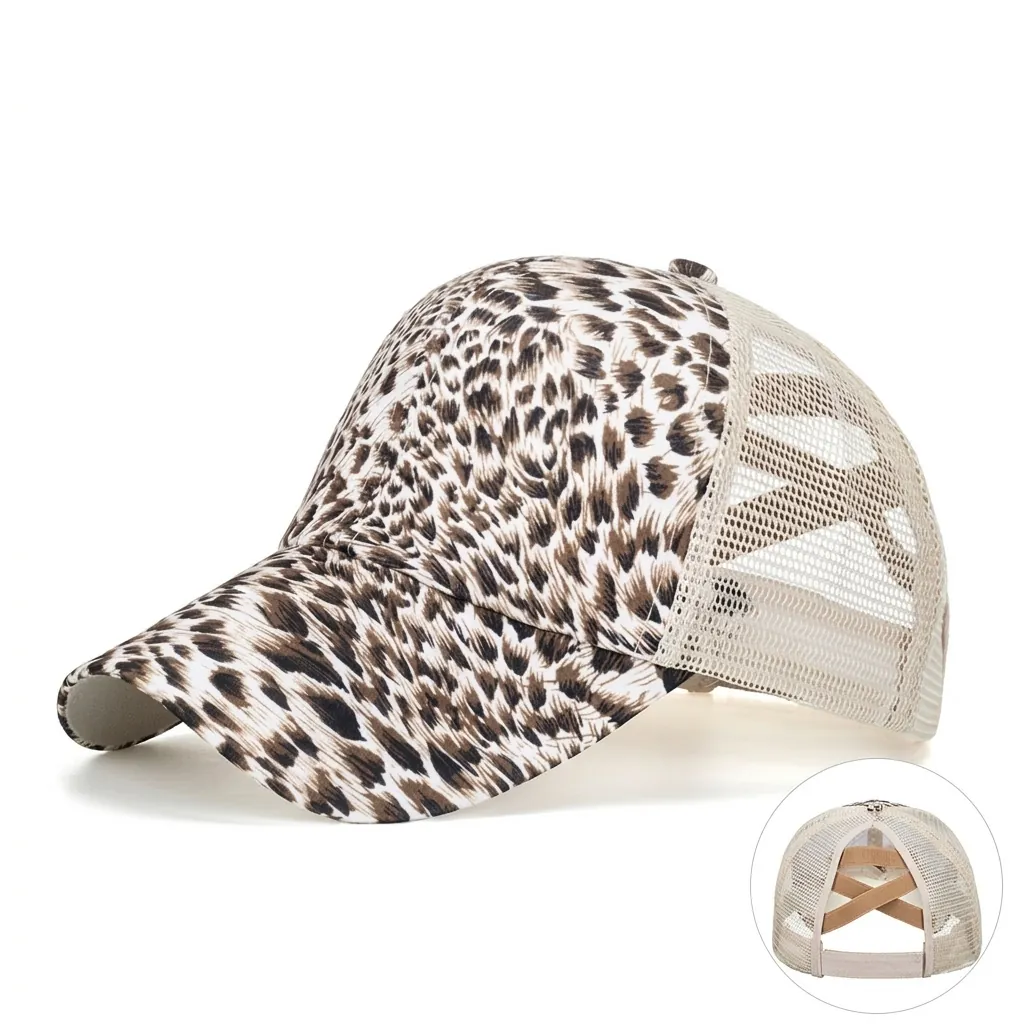 Women's Leopard Print Ponytail Baseball Cap Criss Cross Mesh Trucker Hat Breathable Cotton Blend Sun Visor Casual Outdoor Hat