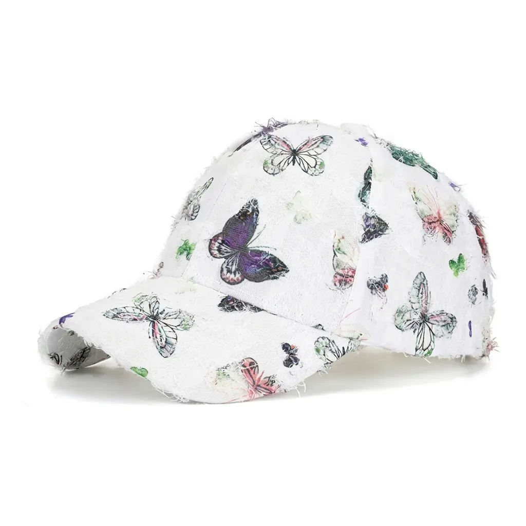 Women Butterfly Print Distressed Baseball Cap Frayed Edge Adjustable Breathable Sun Hat Outdoor Travel Polyester Sport Hat