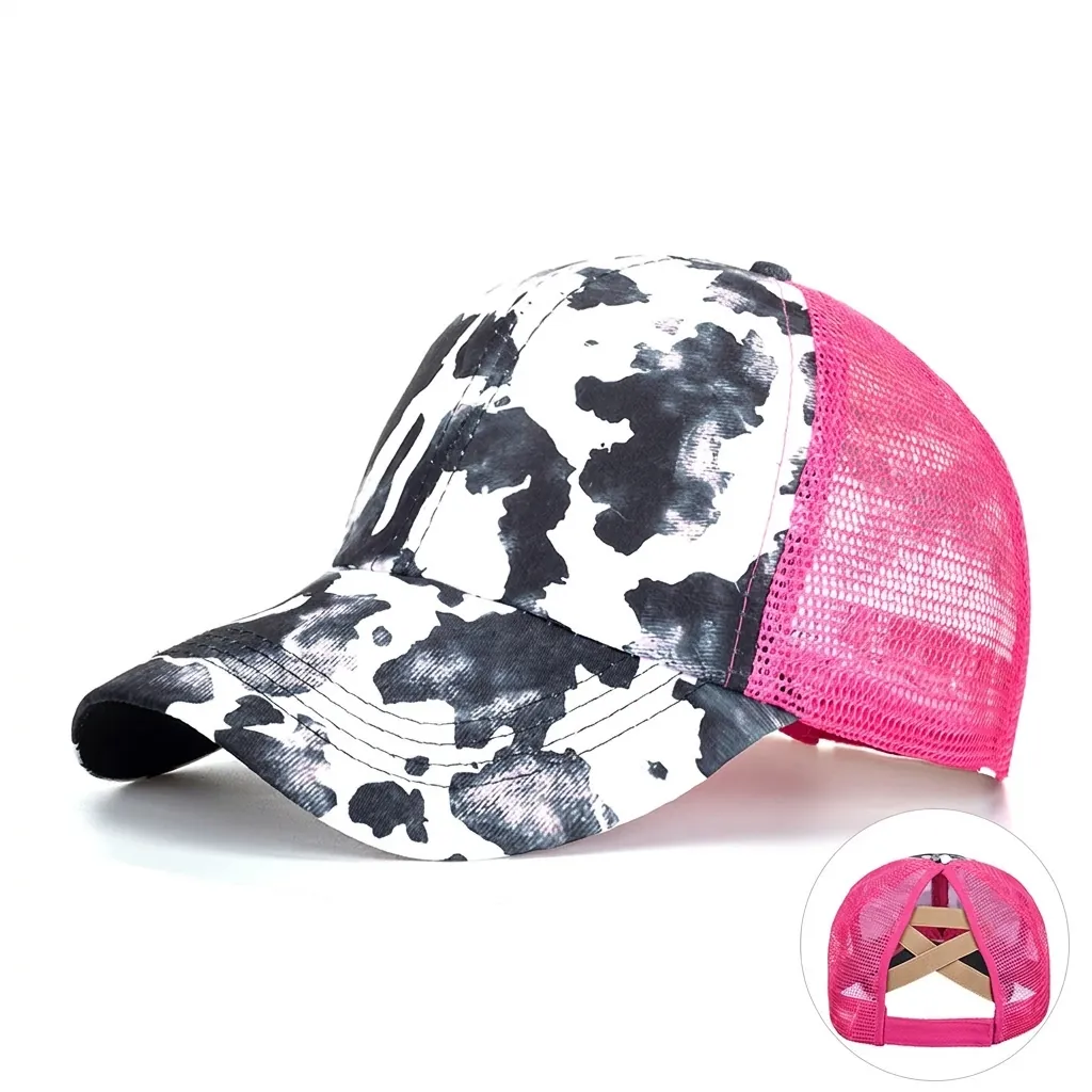 Women's High Ponytail Baseball Cap Cow Print Mesh Trucker Hat Breathable Sun Protection Outdoor Fashion Sun Hat