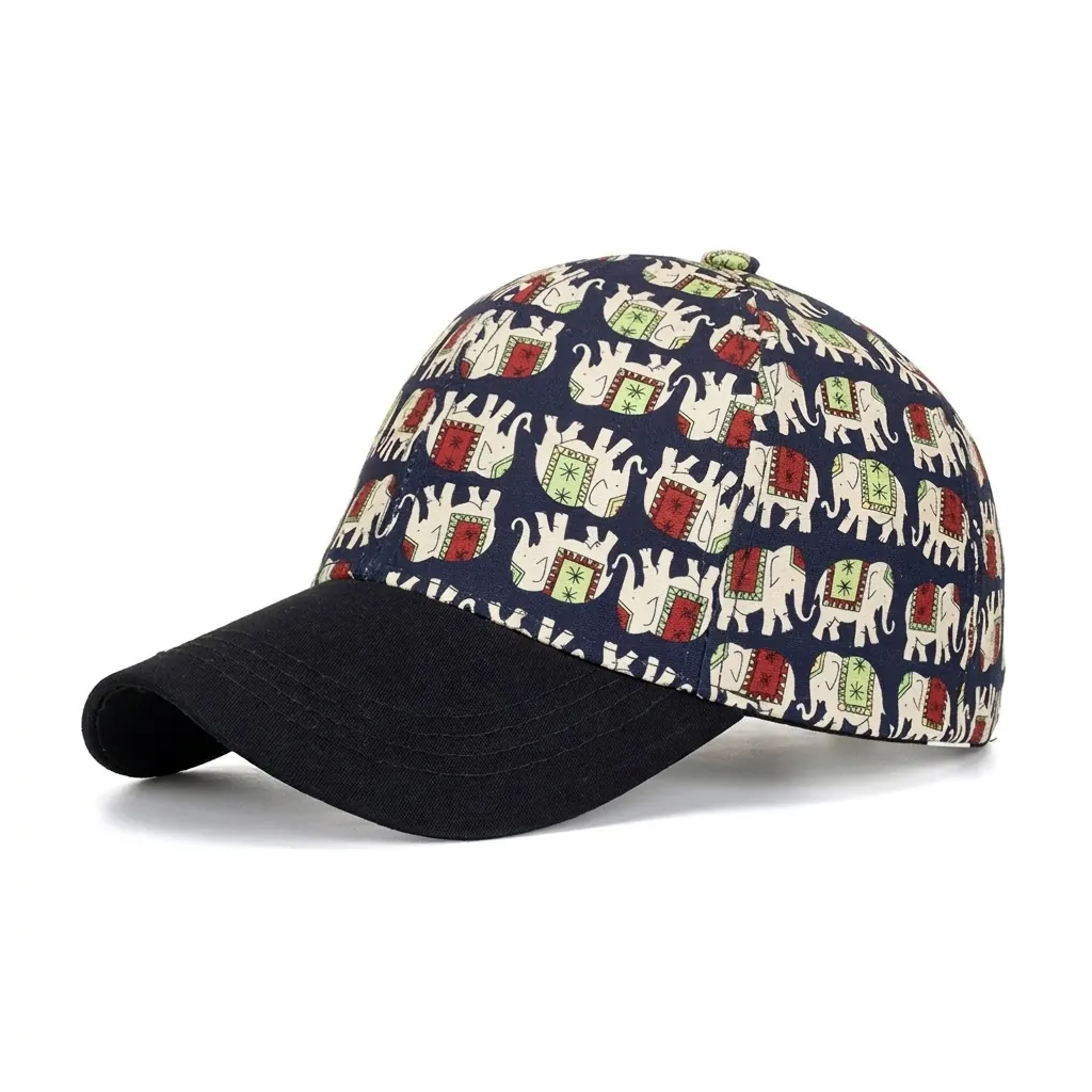 Berretto da Baseball con Stampa Etnica di Elefante Protezione Solare in Poliestere Tesa Curva Moda Outdoor Cappello da Viaggio Regolabile Uomo Donna