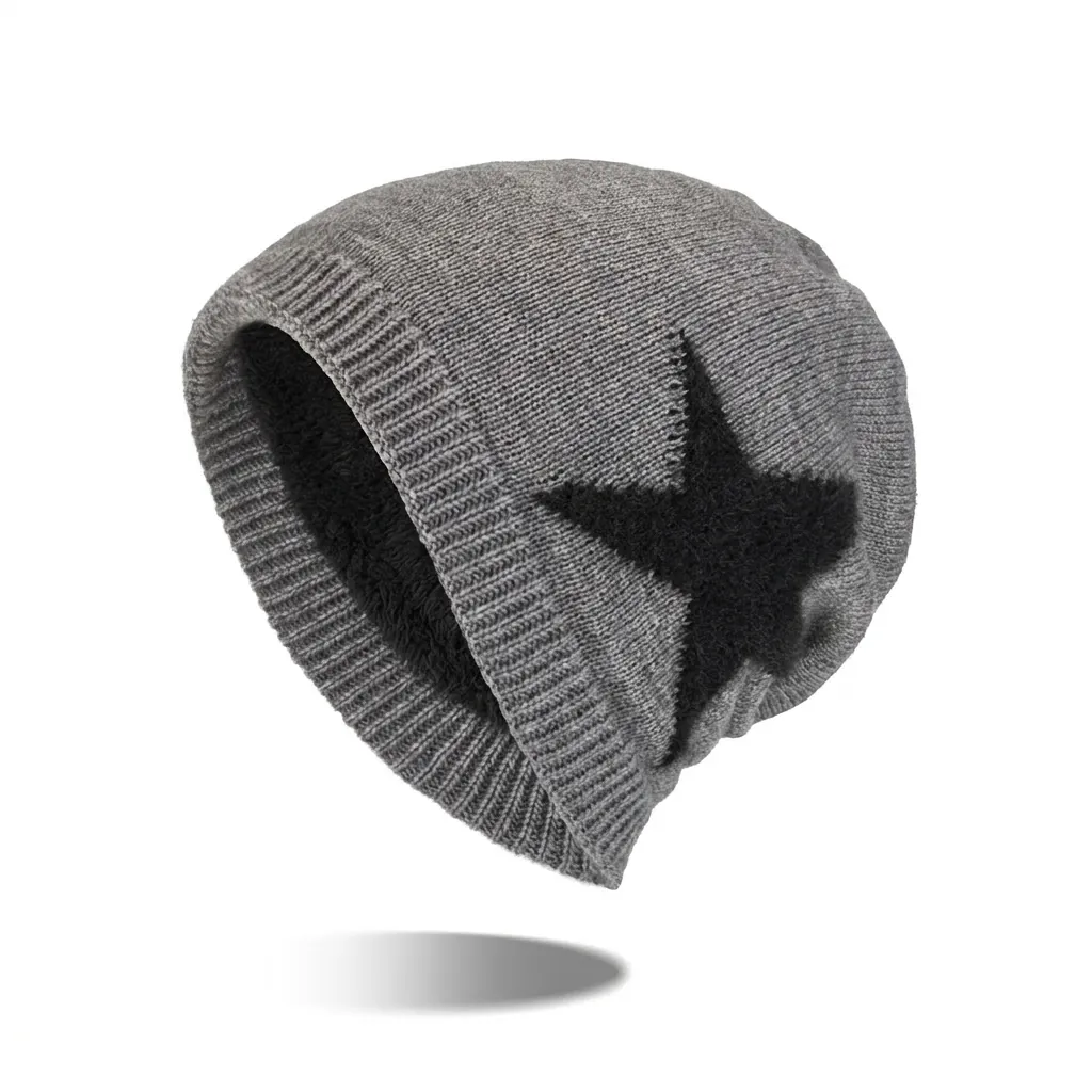 Bonnet en Tricot Chaud d'Hiver pour Hommes Avec Doublure Polaire Épaisse Motif Étoile Casquette Thermique Extérieure