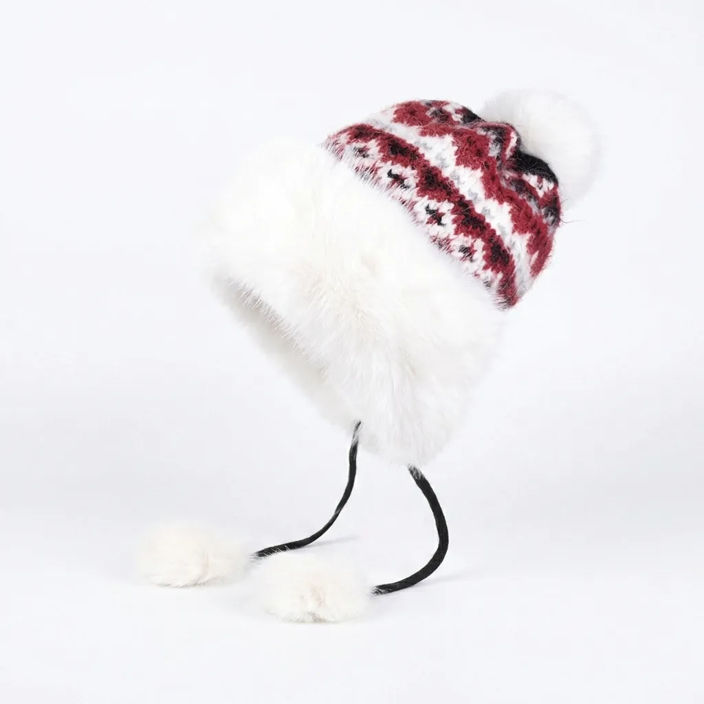 Women Winter Faux Fur Trim Knit Beanie Ear Flap Hat Geometric Fair Isle Pattern Thick Warm Fleece Lined Thermal Cap With Pom Poms