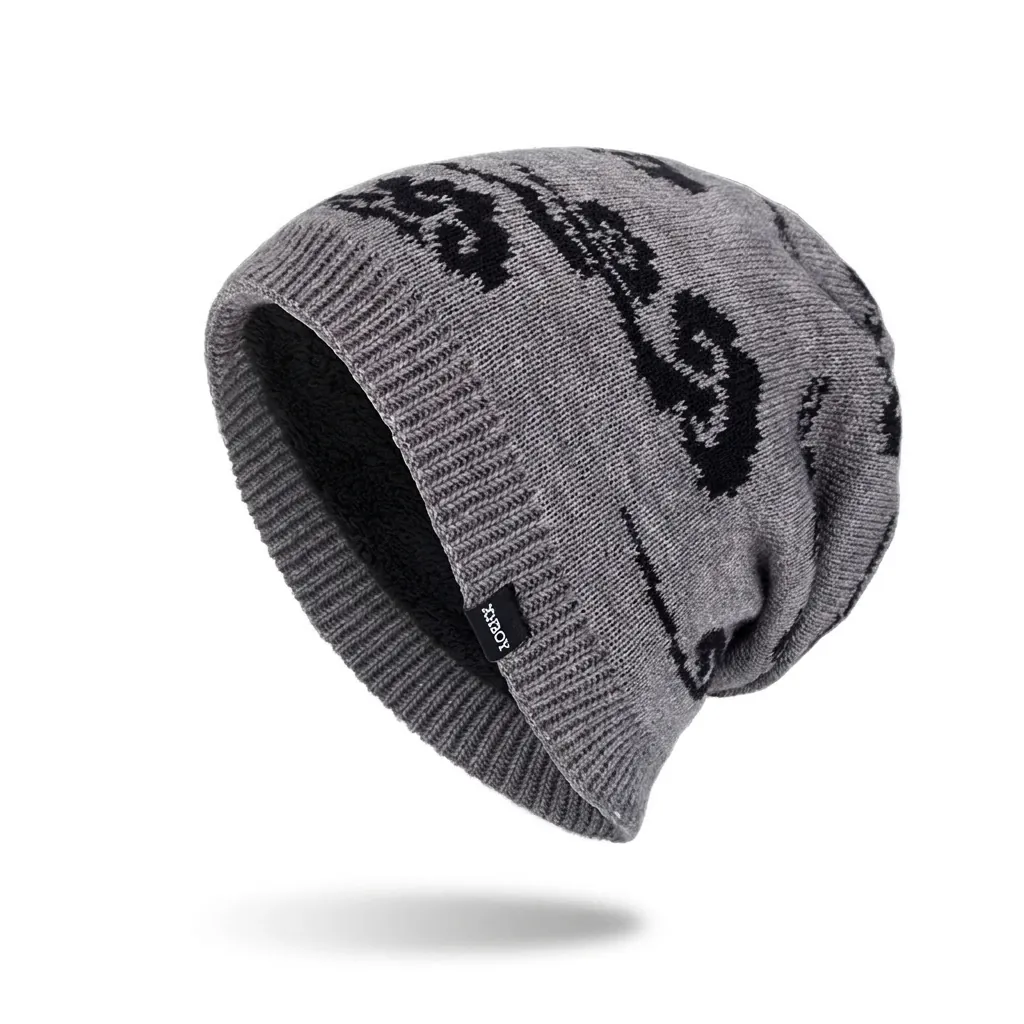 Vintage Cloud Pattern Knitted Beanie For Men Winter Warm Thickened Fleece Lined Outdoor Hat Casual Acrylic Slouchy Cap