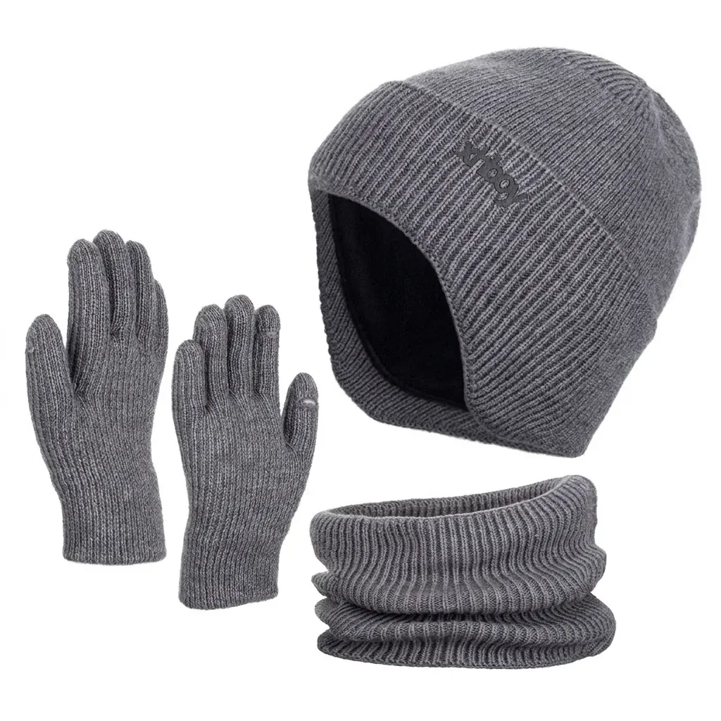 Winter Warm Knit Hat Neck Warmer And Gloves Fleece Lined Thick Ribbed Outdoor Thermal Accessories For Men Women