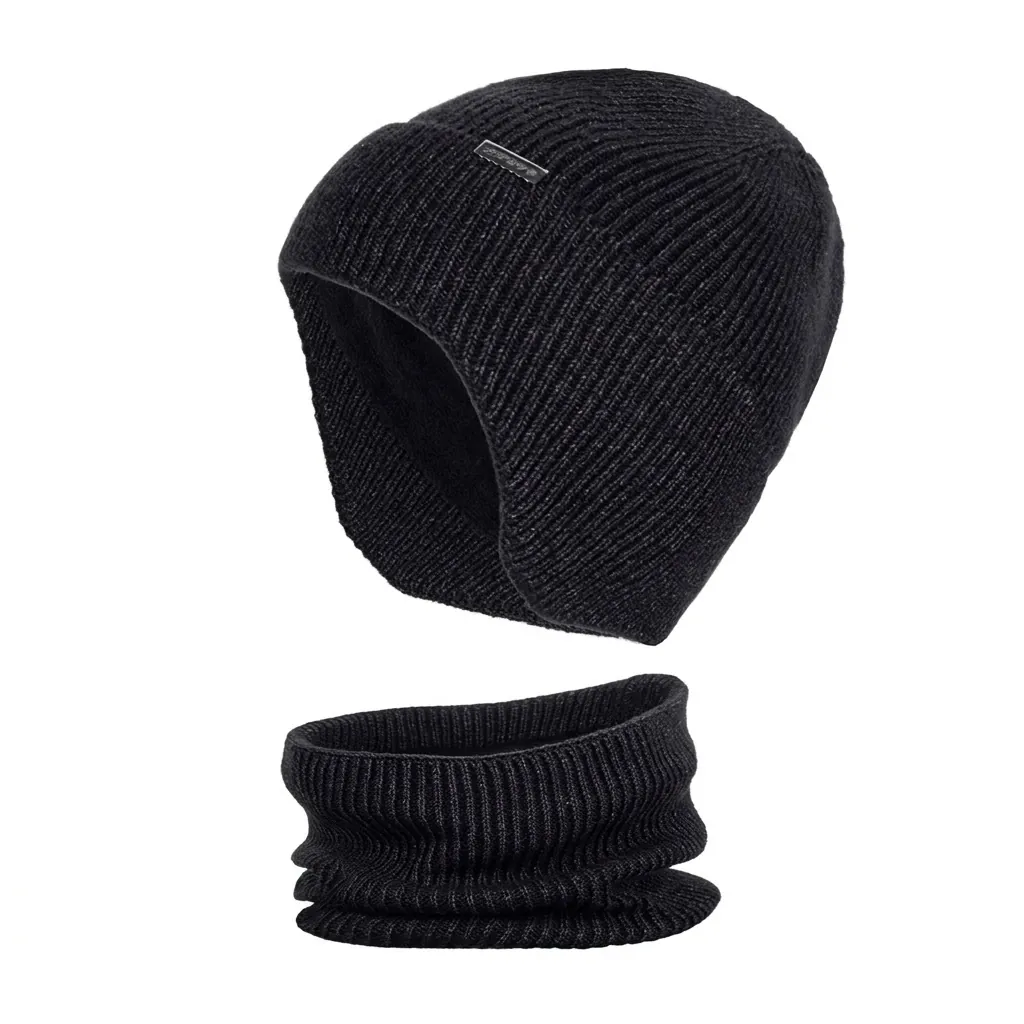 Men Women Winter Warm Knit Beanie Hat Scarf Set Thick Fleece Lined Earflap Cap Solid Ribbed Outdoor Skiing Neck Warmer
