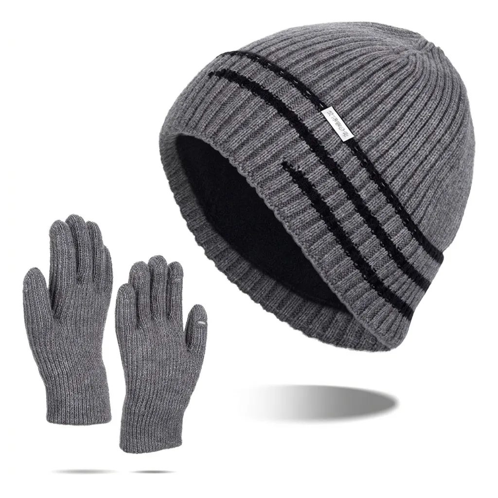 Bonnet en Tricot Chaud d'Hiver Et Gants à Écran Tactile Doublés de Polaire Rayé Acrylique Accessoires d'Hiver Thermiques Hommes Femmes