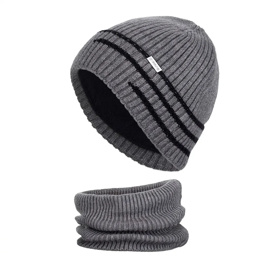 Bonnet En Tricot D Hiver Et Cache Col Doublé Polaire Épais Thermique Coupe Vent Côtelé Rayé Casquette Extérieure Pour Hommes Femmes
