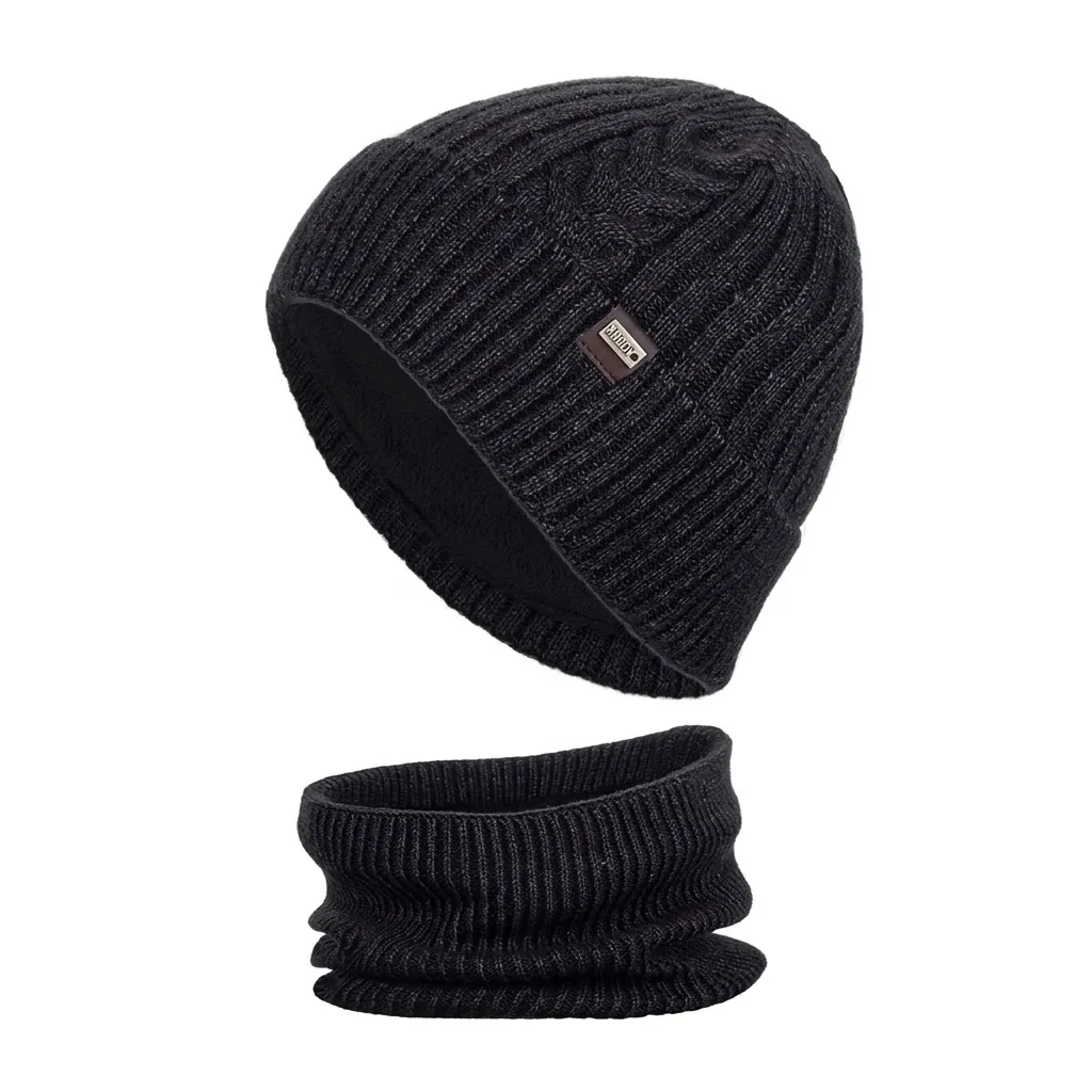 Men Winter Warm Knitted Beanie Hat And Neck Warmer Set Thickened Plus Velvet Lined Twist Knit Skull Cap Outdoor Thermal Accessories