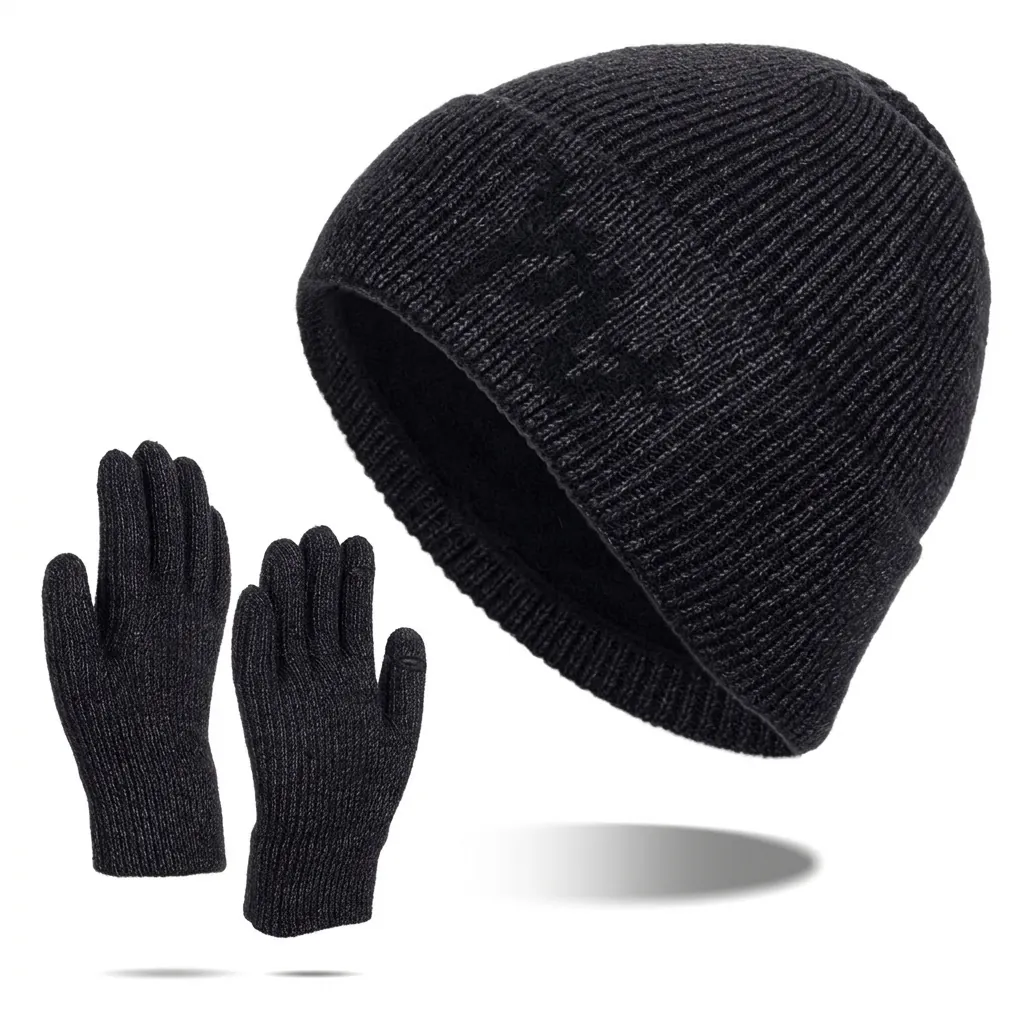 Thermal Knitted Beanie Hat And Gloves Winter Thickened Fleece Lined Outdoor Warm Ribbed Knit Hat And Touchscreen Gloves