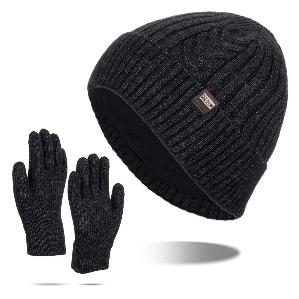 Men Winter Warm Knit Beanie Hat and Touchscreen Gloves Set Fleece Lined Thickened Cable Knit Outdoor Accessories for Men
