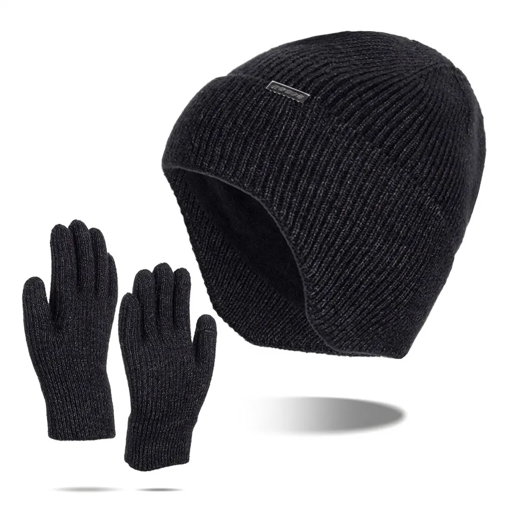 Men's Winter Warm Knit Beanie Hat And Gloves Set Fleece Lined Ear Protection Ribbed Knit Touchscreen Outdoor Skull Cap