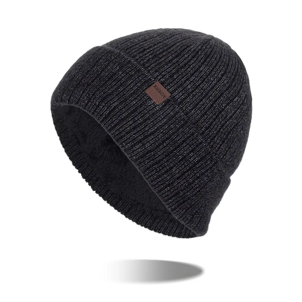 Berretto a Maglia Invernale Caldo Spesso per Uomo Donna Foderato in Pile Cappello a Costine con Toppa in Pelle Outdoor