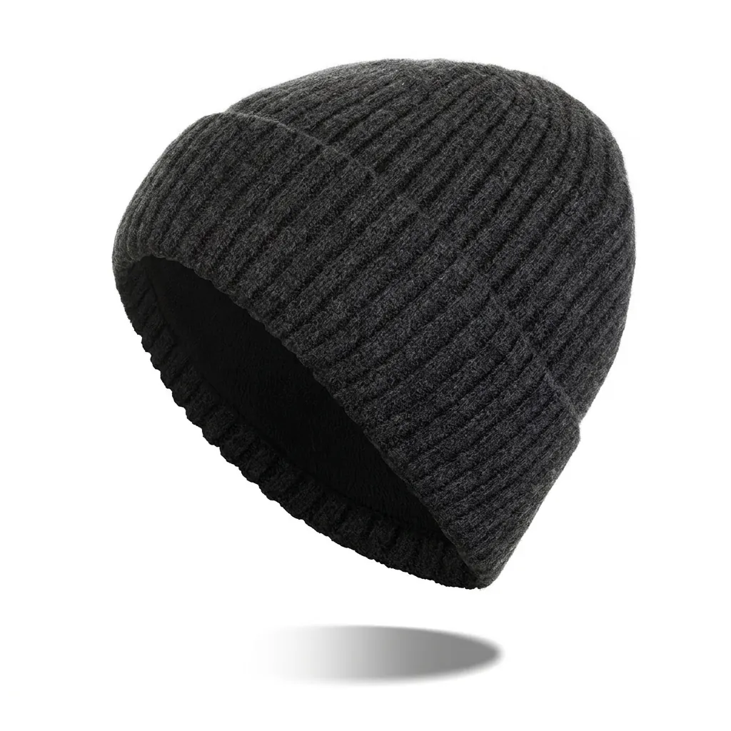 Men Winter Warm Wool Knit Beanie Hat Fleece Lined Thickened Ribbed Cuffed Skull Cap For Outdoor Cycling Skiing Protection